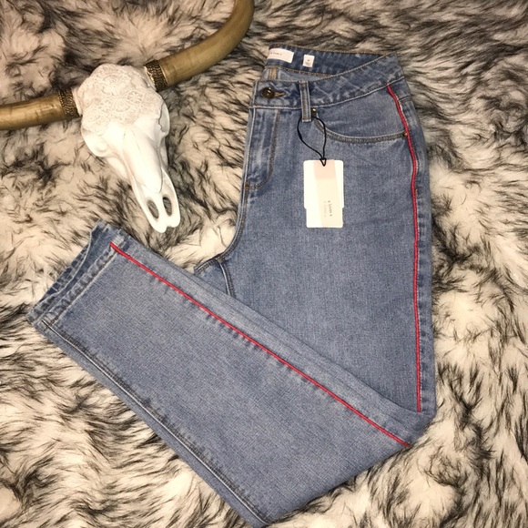 NWT A Loves A Red Stripe High Rise Mom Jean Mid Rise - Picture 3 of 7